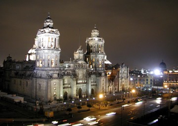 Featured is a birds-eye view by night of Mexico City's National Cathedral.  Photo by "Tim & Annette" from Beunos Aires, Argentina.
